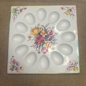 12 Hole Deviled Egg Papel Floral Ceramic Square Tray Plate 10.5”